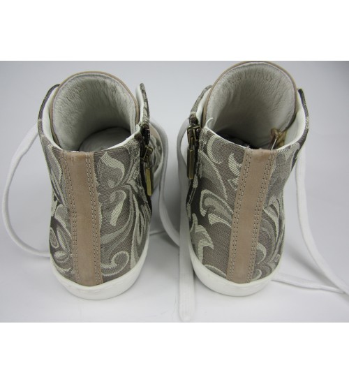 Deluxe handmade sneakers brown leather , decorated fabric